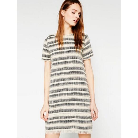 Zara Dresses & Skirts - Zara Low Back Cream Black Striped Tweed Shift Dress with Fringe Detail Small